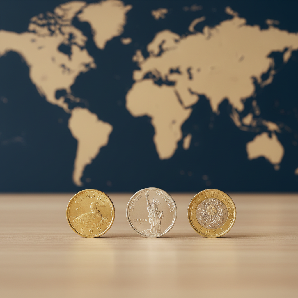 Canadian, US, and UK currency representing the comparison between US LLC and UK Ltd for Canadian founders in 2026.