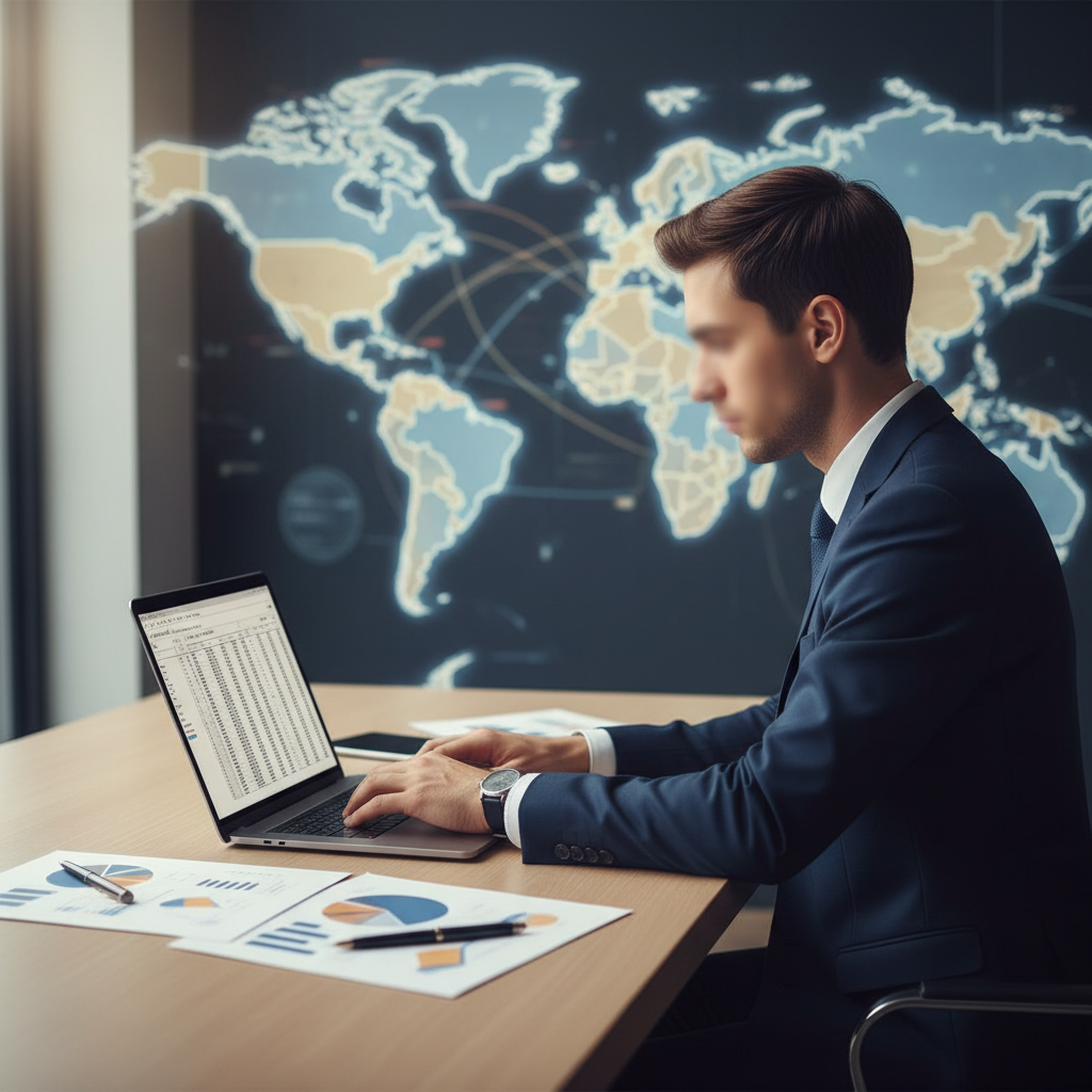 Non-US founder reviewing tax documents and a globe, focused on avoiding double taxation for their US LLC in 2026.