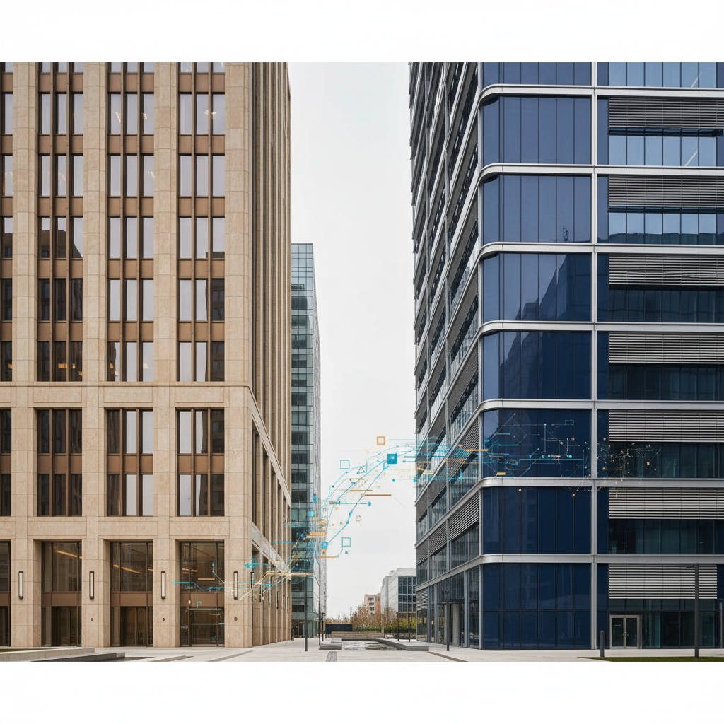 Two distinct modern building facades, representing a US LLC and an offshore entity, illustrating a dual company strategy for non-resident SaaS founders in 2026