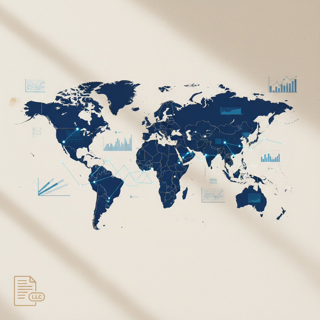 World map overlayed with financial data representing economic nexus and sales tax for US LLCs in 2026.