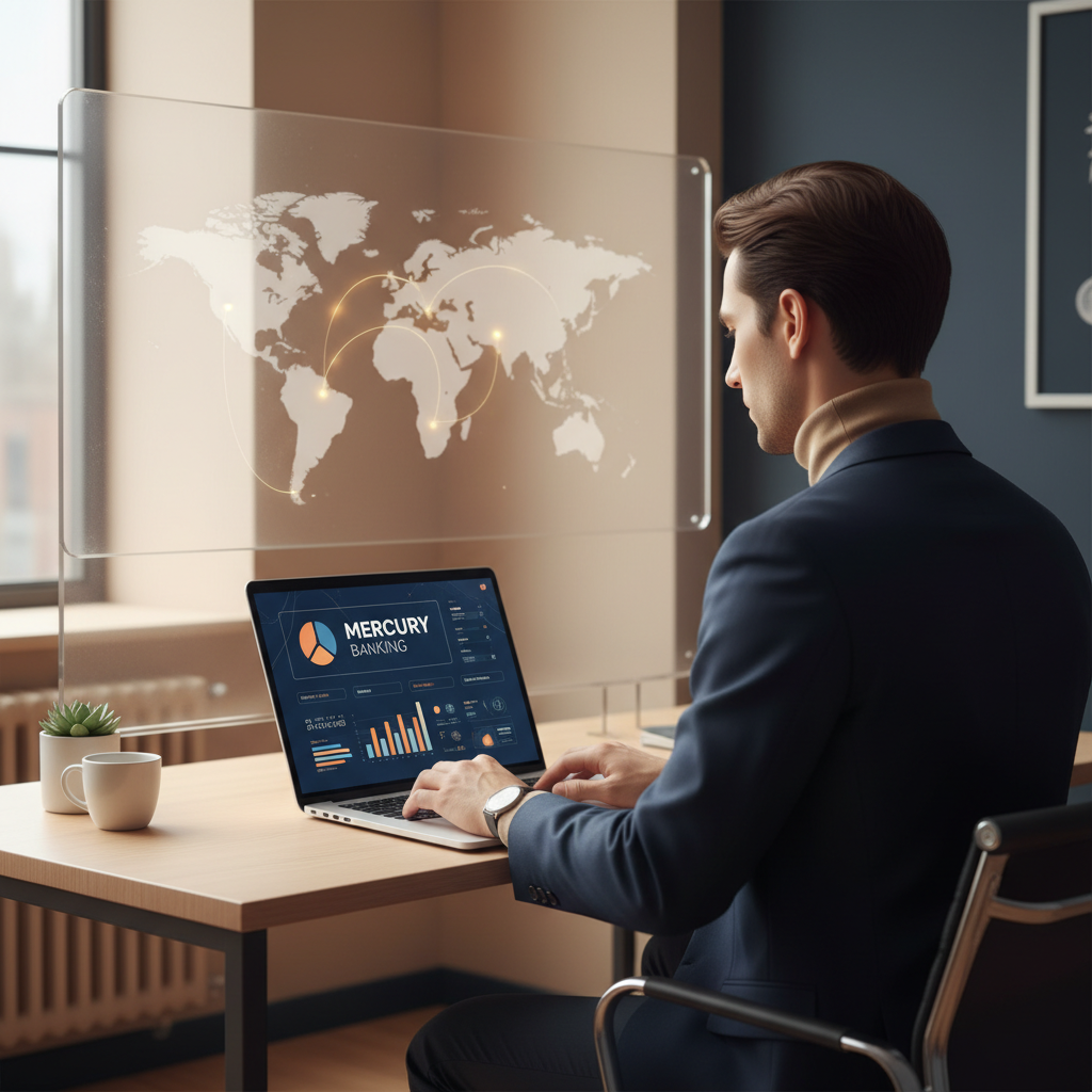 Non-US founder remotely managing a US LLC Mercury bank account on a laptop in 2026