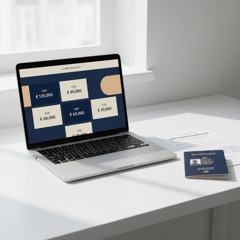 Wise Business account dashboard on laptop with US LLC documents and passport for non-US founders in 2026