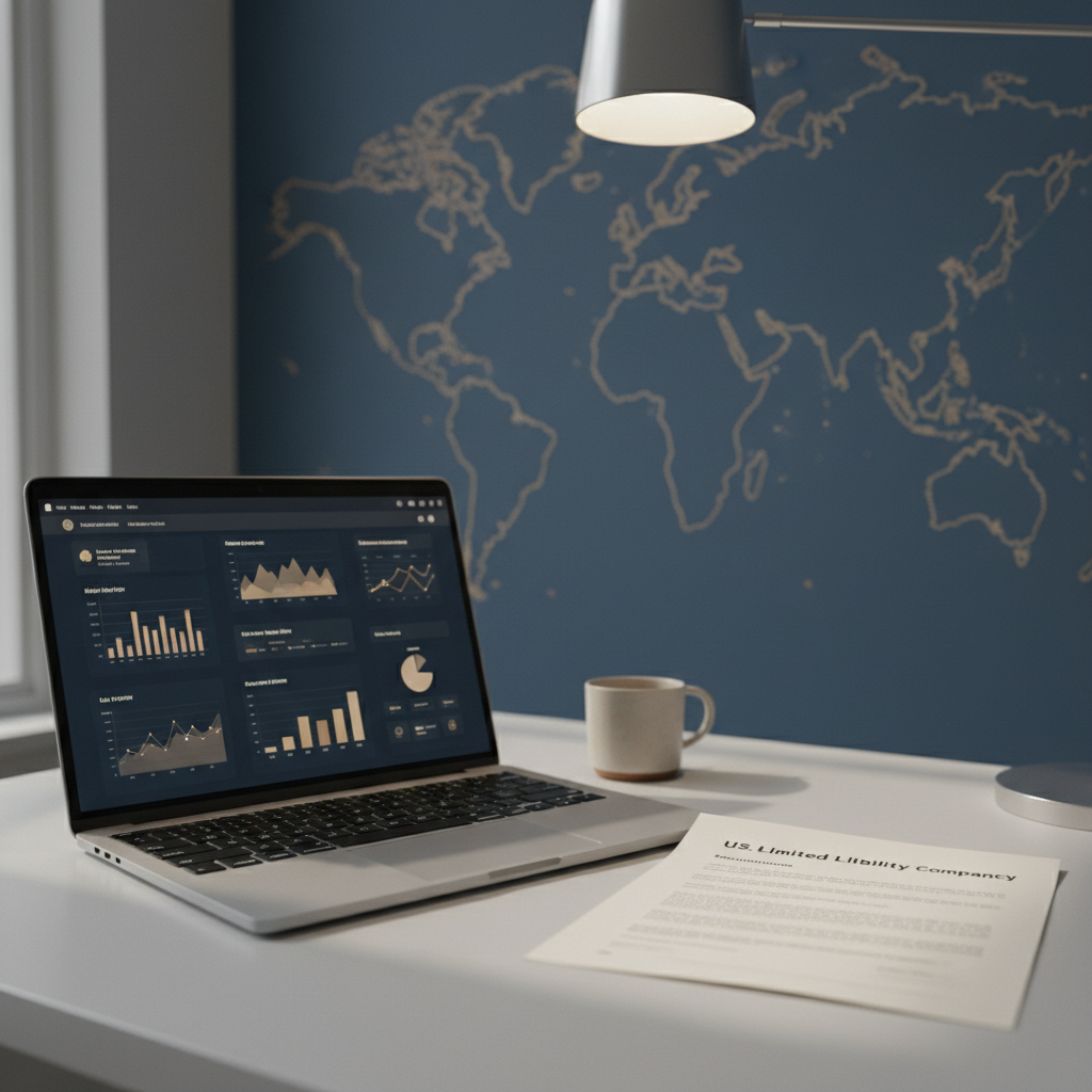 Non-US founder managing US LLC finances with Wise on a laptop, showing global payouts in 2026.