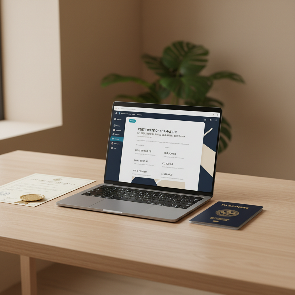 Non-US founder managing US LLC finances with Wise app on laptop, showing multi-currency balances and payout options for 2026.