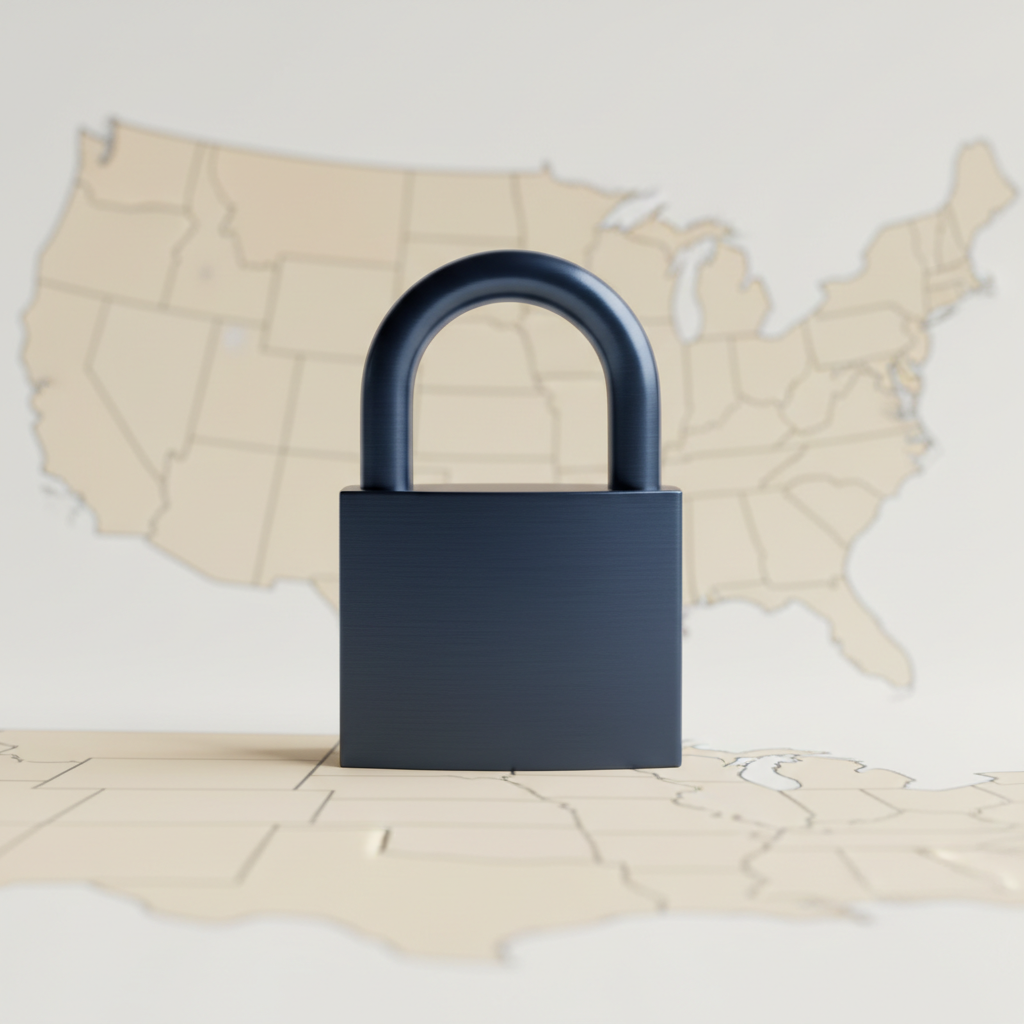 US state maps under a closed padlock, representing privacy for US LLCs of non-residents in 2026