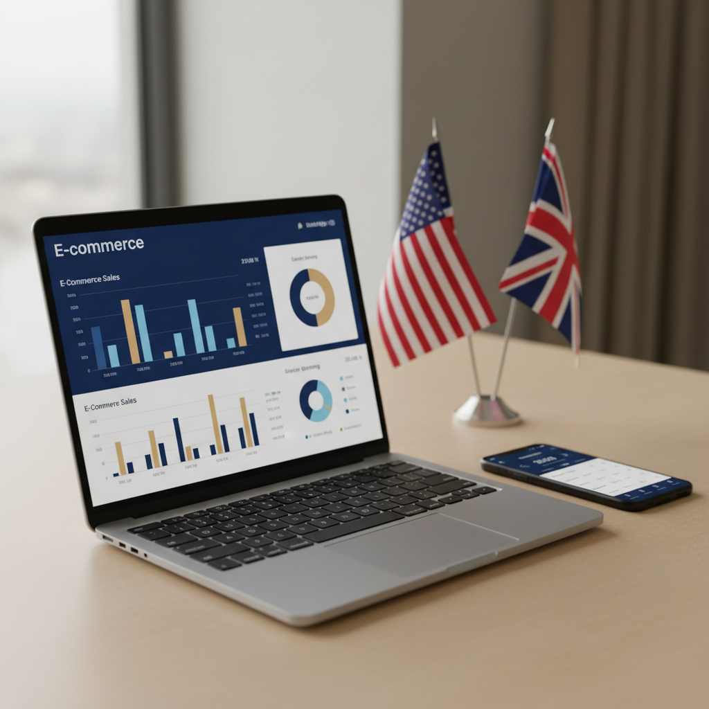 Non-resident US LLC owner managing e-commerce sales and UK banking on a laptop in 2026.
