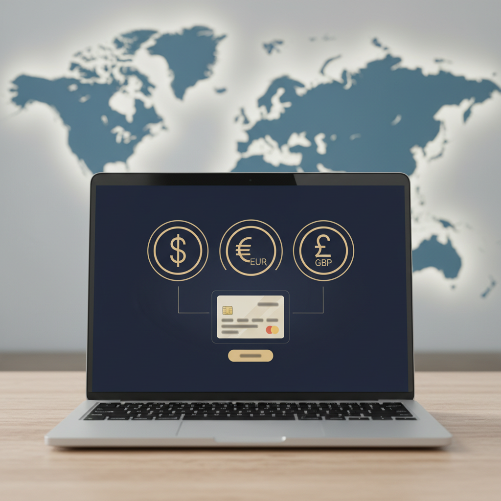 US LLC owner viewing European payment processing options on a laptop, with multi-currency symbols displayed, for maximizing UK and EU merchant payments in 2026.