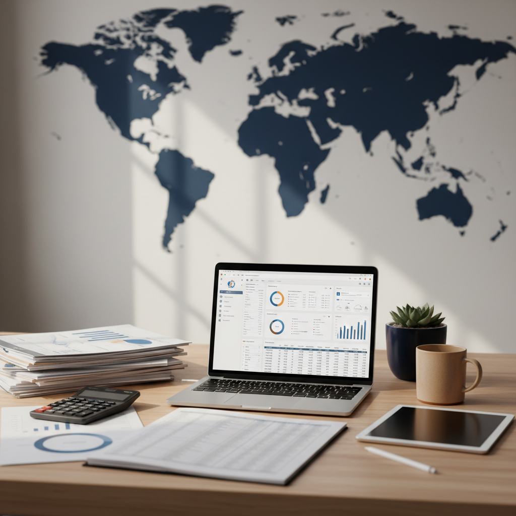 Organized accounting workstation with laptop showing financial software and documents, illustrating US LLC accounting for non-residents in 2026