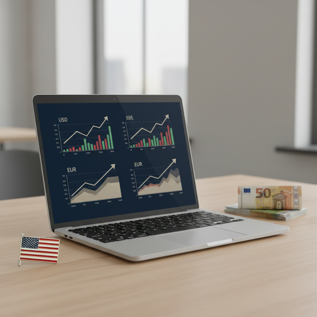 Desk with laptop displaying a payment dashboard, US flag pin, and Euro notes for US LLC EU merchant accounts
