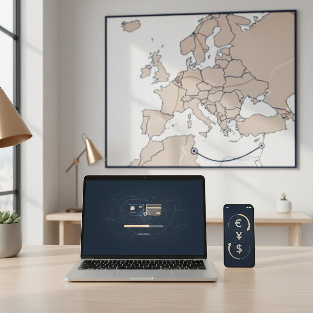 Non-US founder's US LLC optimizing operations with UK and EU payment gateways in 2026, showing a laptop with a payment processing screen.