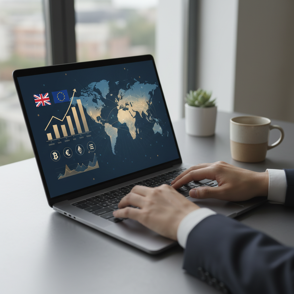 Laptop showing fintech dashboard for US LLC with UK and EU banking access, highlighting multi-currency balances and international payments in 2026