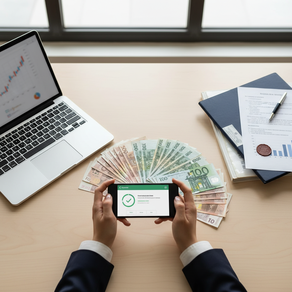 Non-US founder preventing US LLC payment holds in 2026, with a smartphone displaying payment app and international currency