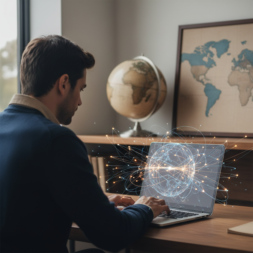 Non-US founder accessing global SaaS tools with a US LLC, using a laptop with a digital network overlay, illustrating the bypassing of US LLC IP blocks in 2026.