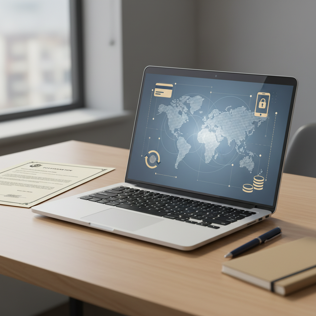 A laptop showing global payment icons and world map with a US LLC document, representing how a US LLC helps non-residents overcome IP blocks and payment gateway issues for global SaaS in 2026.