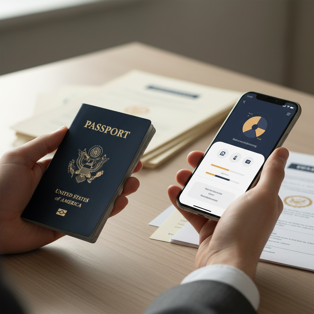Non-US founder navigating KYC for US LLC banking in 2026, with passport, phone, and legal documents.