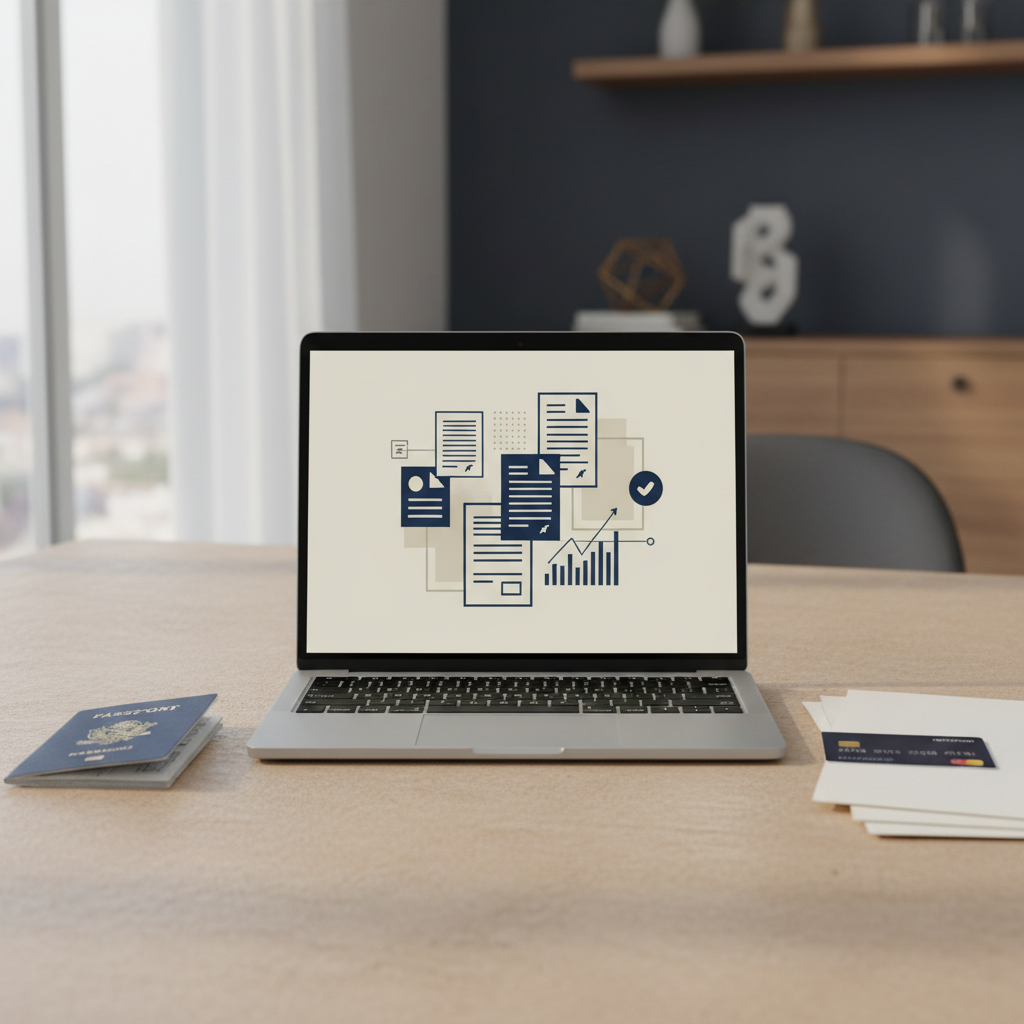 Documents and digital screens representing the complex KYC process for non-resident US LLC payment processor verification in 2026.