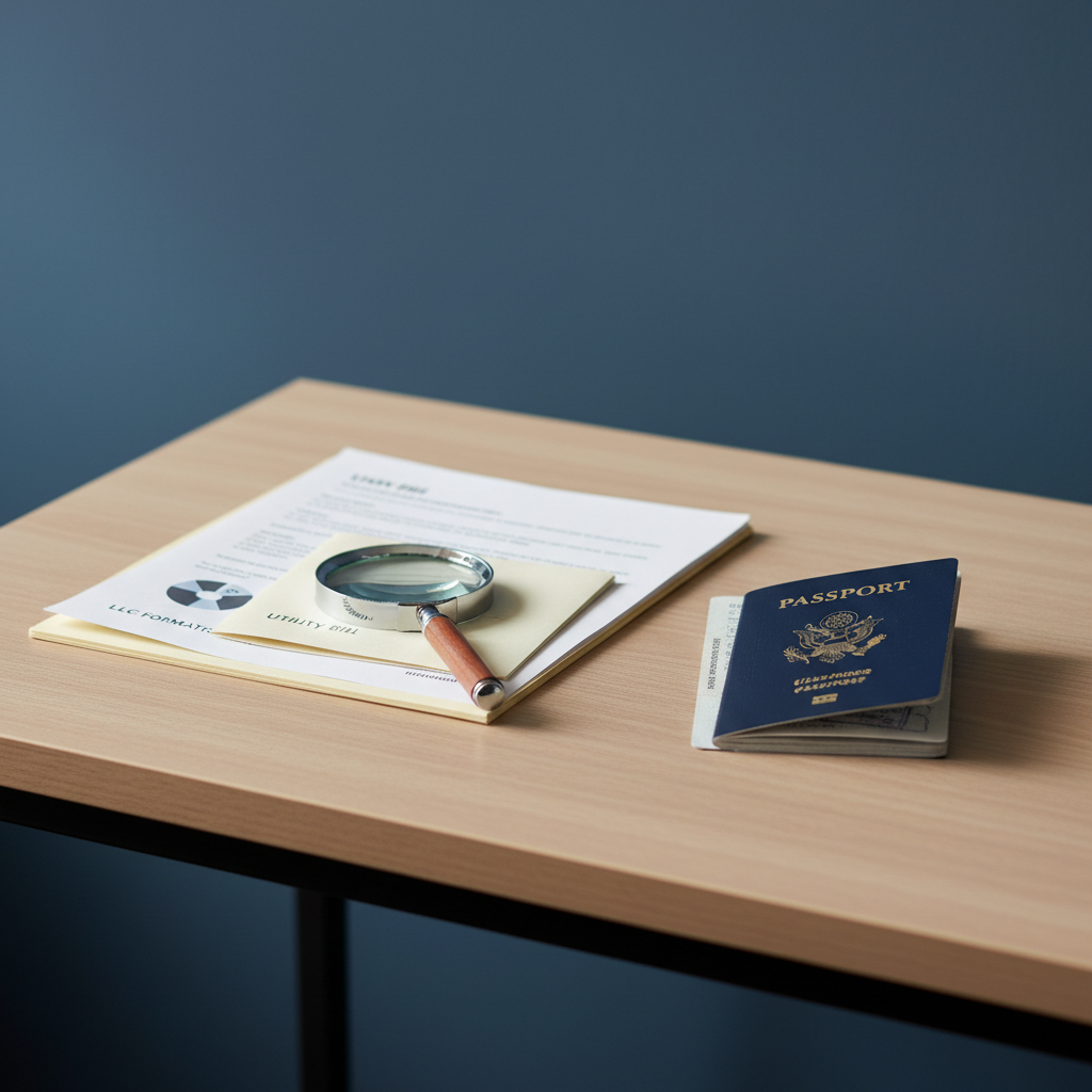 Pile of documents including a non-US passport and LLC papers, representing Know Your Customer (KYC) requirements for non-resident US LLCs in 2026