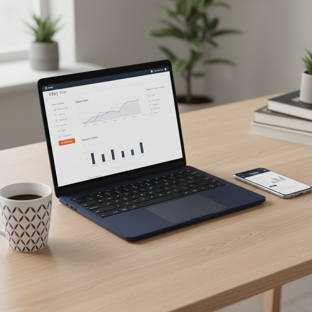 Etsy shop dashboard on a laptop with a phone showing US LLC banking app, symbolizing smooth Etsy payouts for non-residents in 2026.
