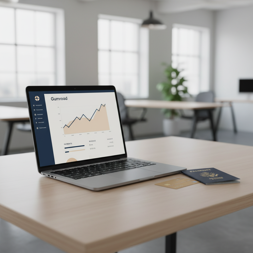 Non-US founder successfully managing Gumroad payouts using a US LLC and bank account, displayed on a laptop screen