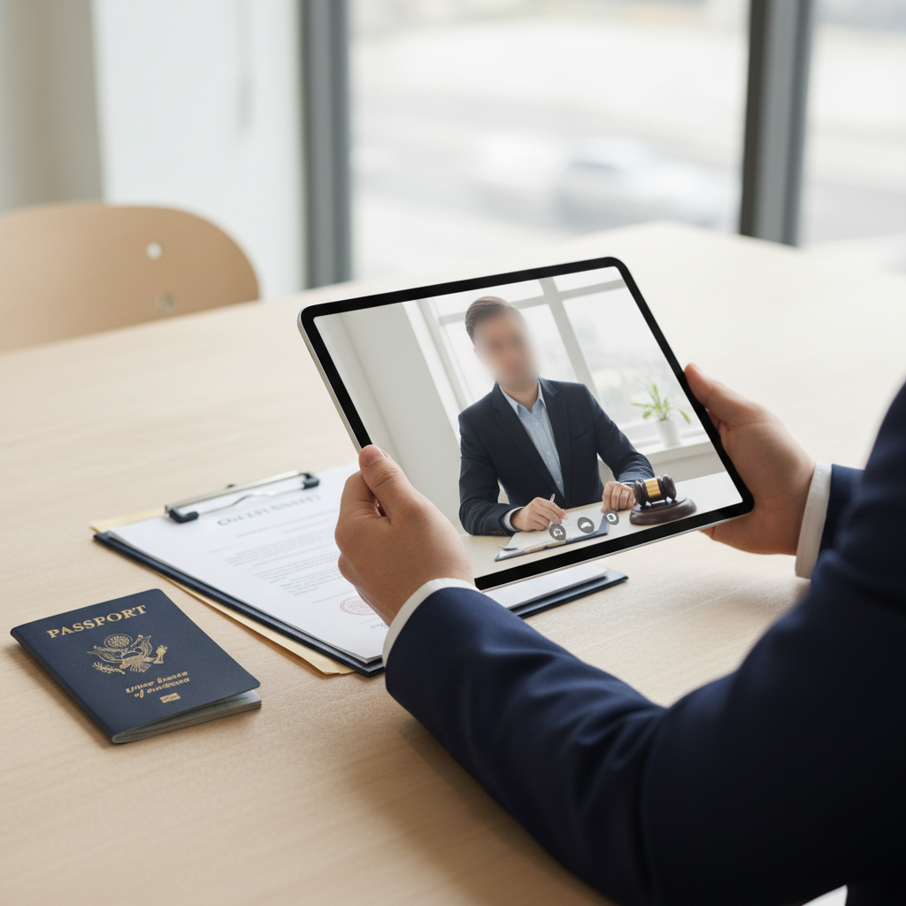 Non-US founder using remote online notarization for US LLC documents in 2026, with a digital notary seal.