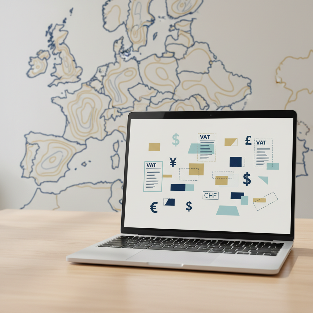 A laptop screen showing VAT forms and currency symbols, illustrating UK and EU VAT complexities for non-resident US LLCs in 2026.