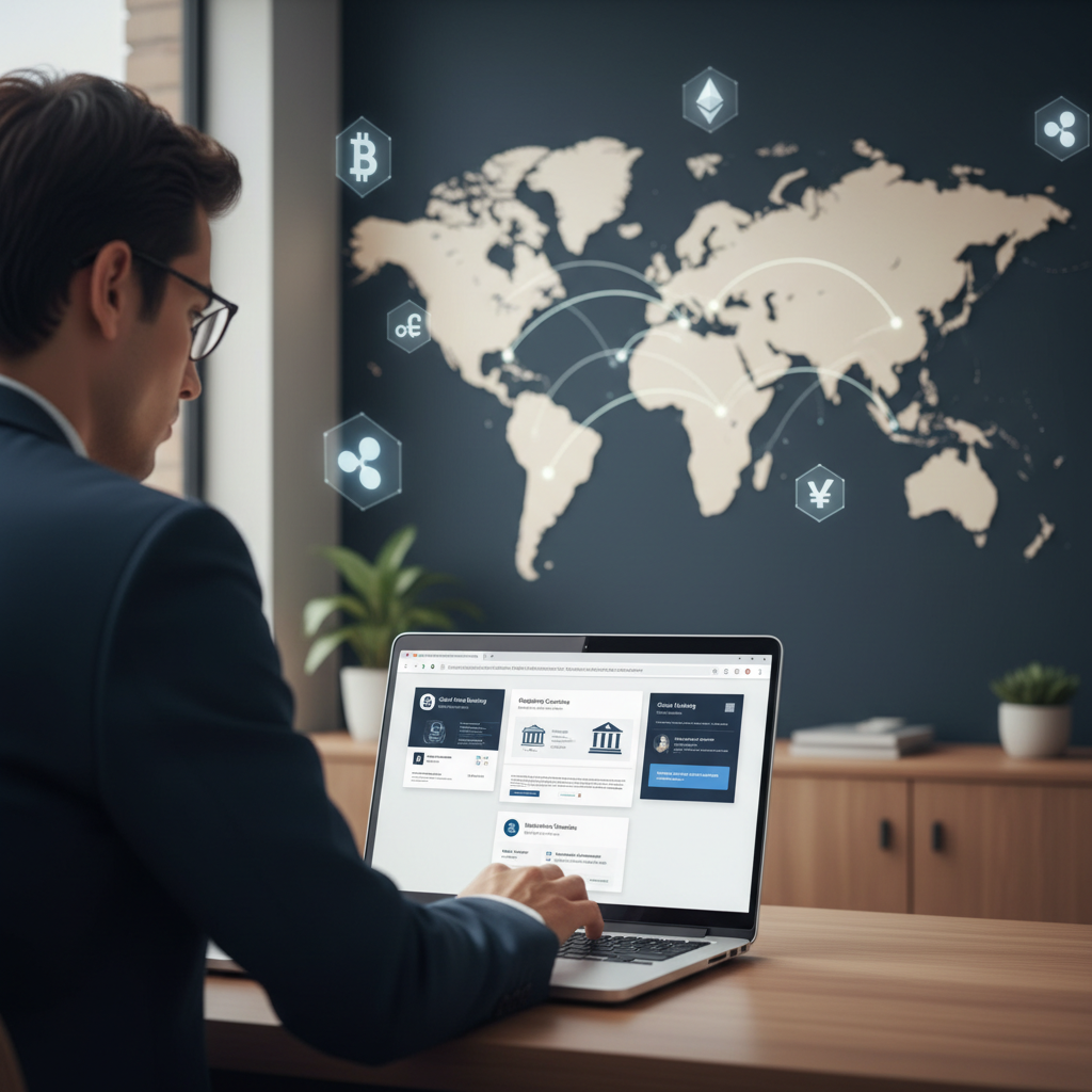 Non-resident founder navigating challenges of remote US LLC banking in 2026, using a laptop with financial apps