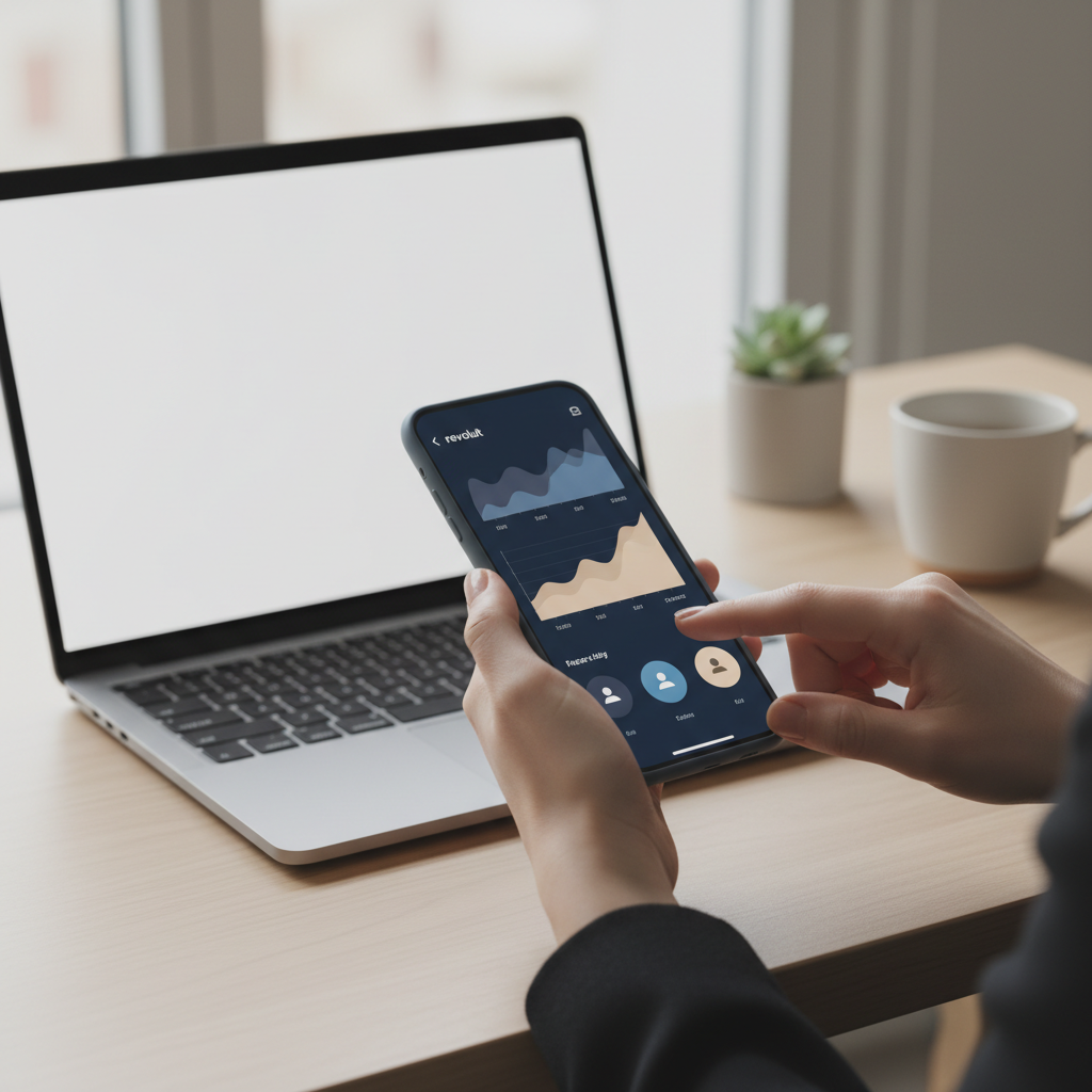 Non-US founder managing US LLC remote banking with Revolut app on a smartphone in 2026.