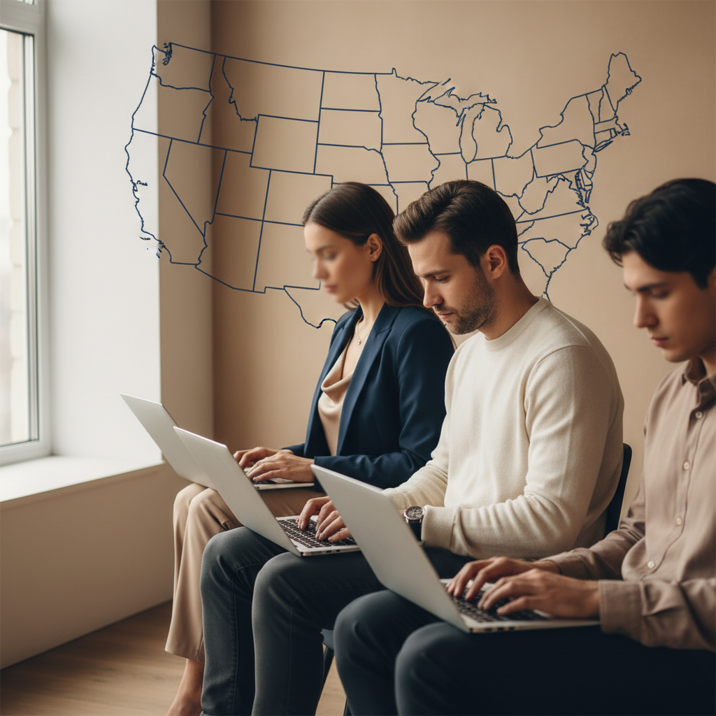 Remote team members from various countries securely accessing US LLC business tools using a stable internet connection and VPN, for non-US founders in 2026.