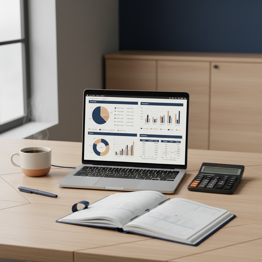 Organized desk with laptop showing financial charts, calculator, and ledger for US LLC accounting in 2026.