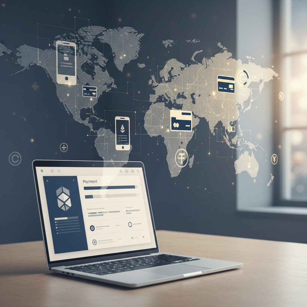 Global B2C payment processing for non-US LLCs with digital icons and a world map in 2026