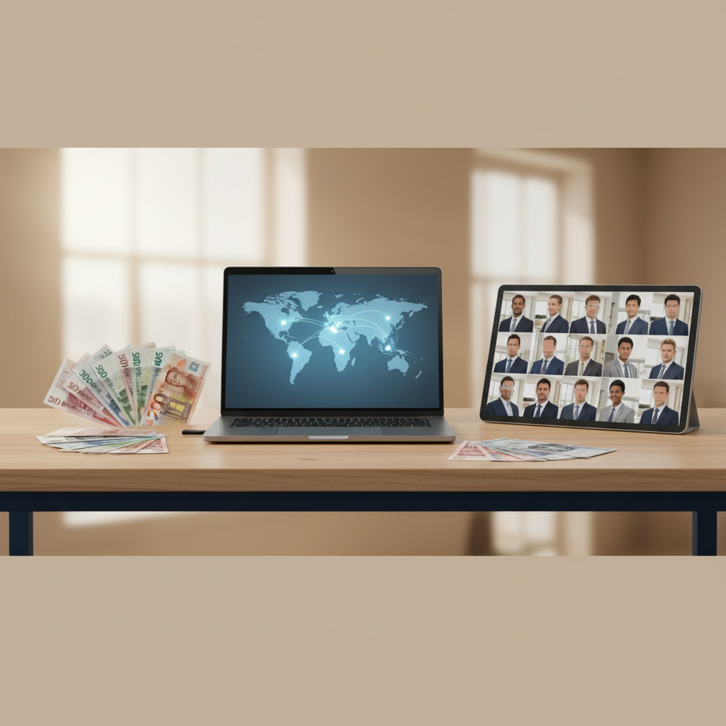 Non-US founder managing global payroll for a remote team using a US LLC in 2026 with international currencies on a desk.