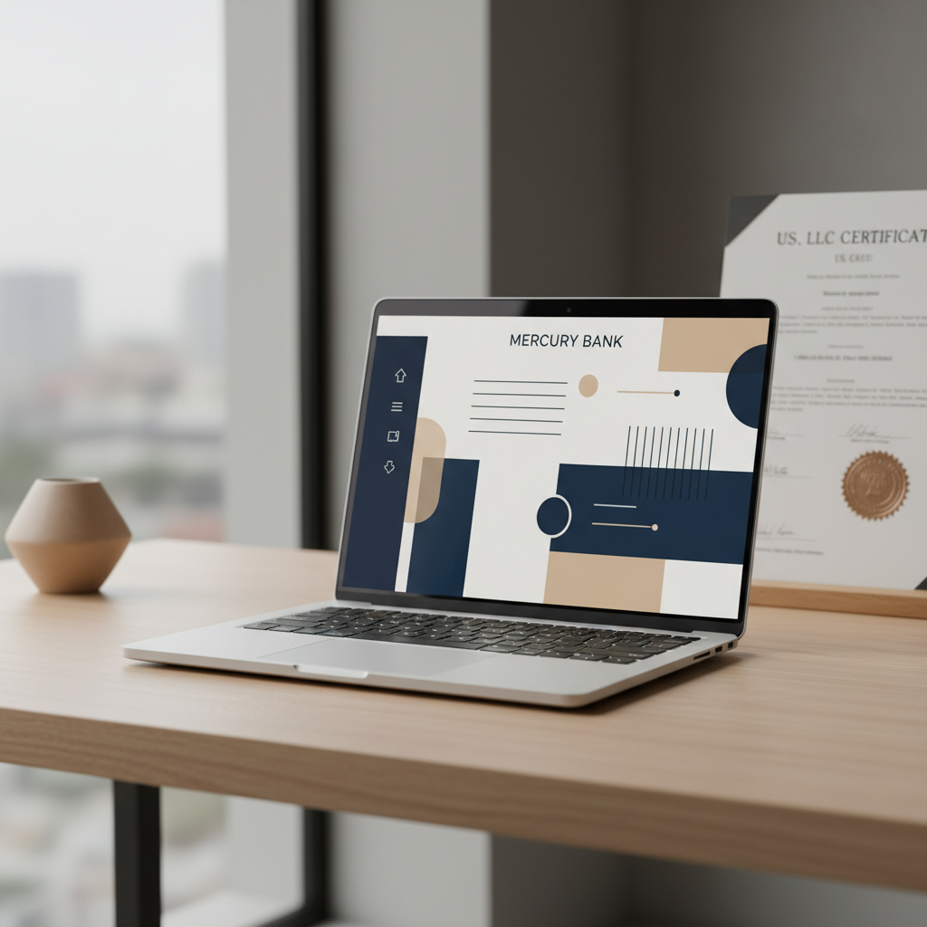 US LLC documents and a laptop showing Mercury Bank interface, symbolizing non-resident access to Mercury bank account for US businesses in 2026