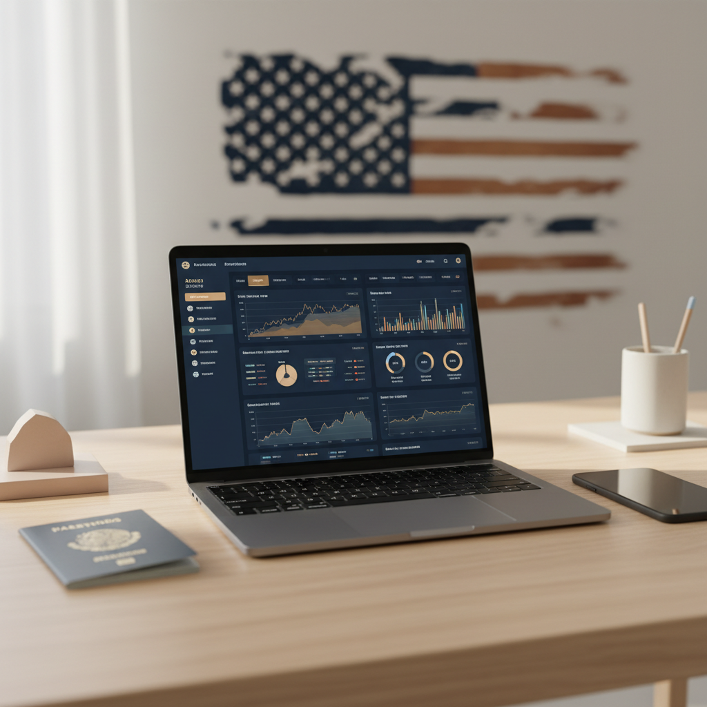 Mexican entrepreneur managing US LLC finances remotely from Mexico, showing a laptop and passport in 2026