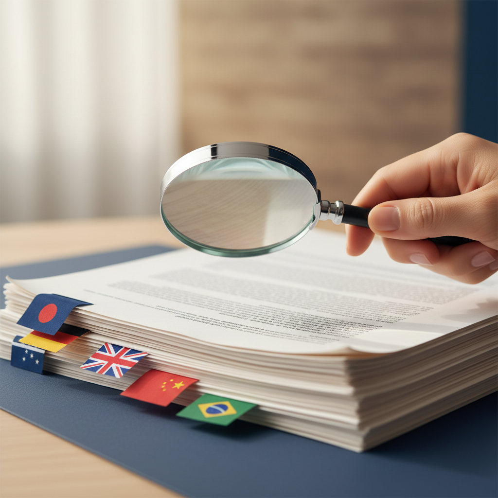 Close-up of a hand with a magnifying glass examining various legal documents and flags, symbolizing Stripe KYC verification for complex US LLCs in 2026.